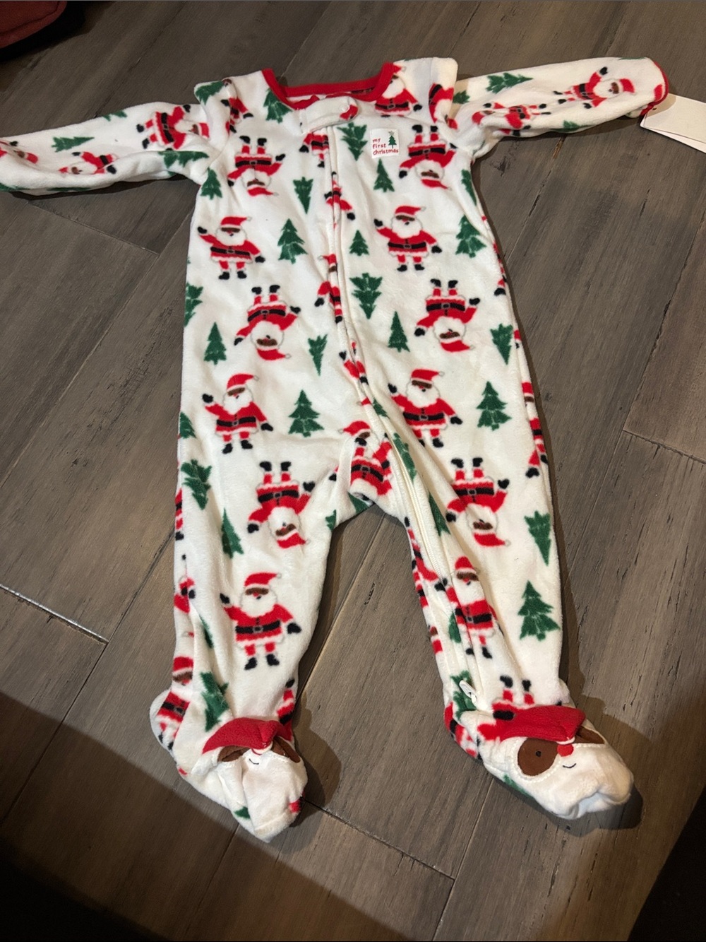 Carter's White Red Green Santa Fleece One-Piece Footie Pajamas